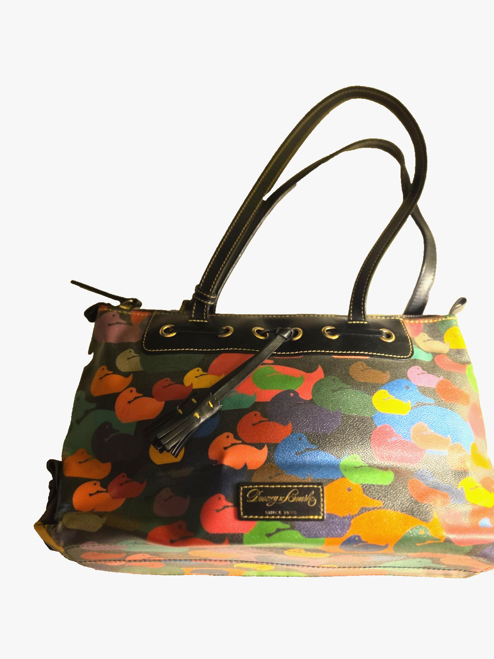 Vintage Dooney & Bourke Wonder Duck Tote Multicolor Bag Charm Rainbow Zipper